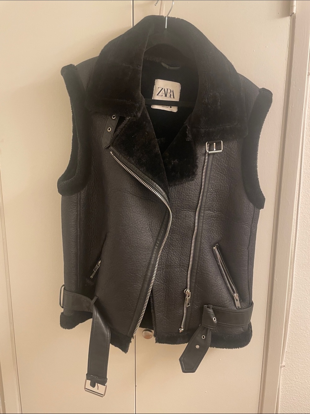 Zara Black Faux Shearling Biker-Style Vest